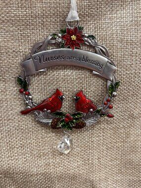 Ganz Pewter Nurses Are A Blessing Cardinal Wreath Ornament Dangle Crystal Accent